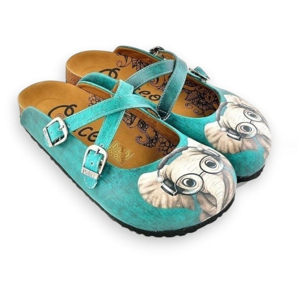 Calceo Elephant Print Comfort Clogs Teal Double Buckle Mules EU37 US6.5